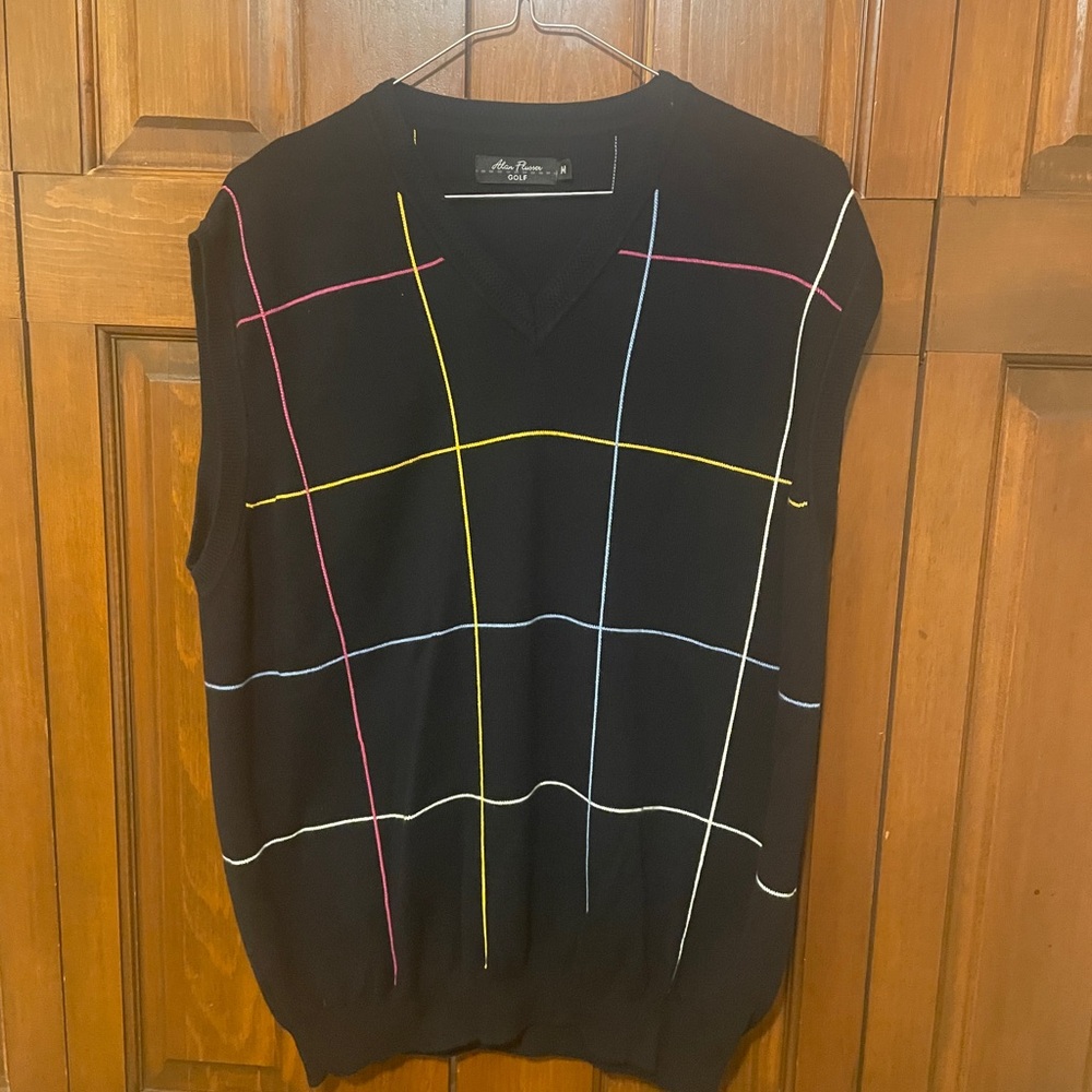 Alan Flusser Golf Sweater Vest with Multicolor Grid Pattern RN # 64807.